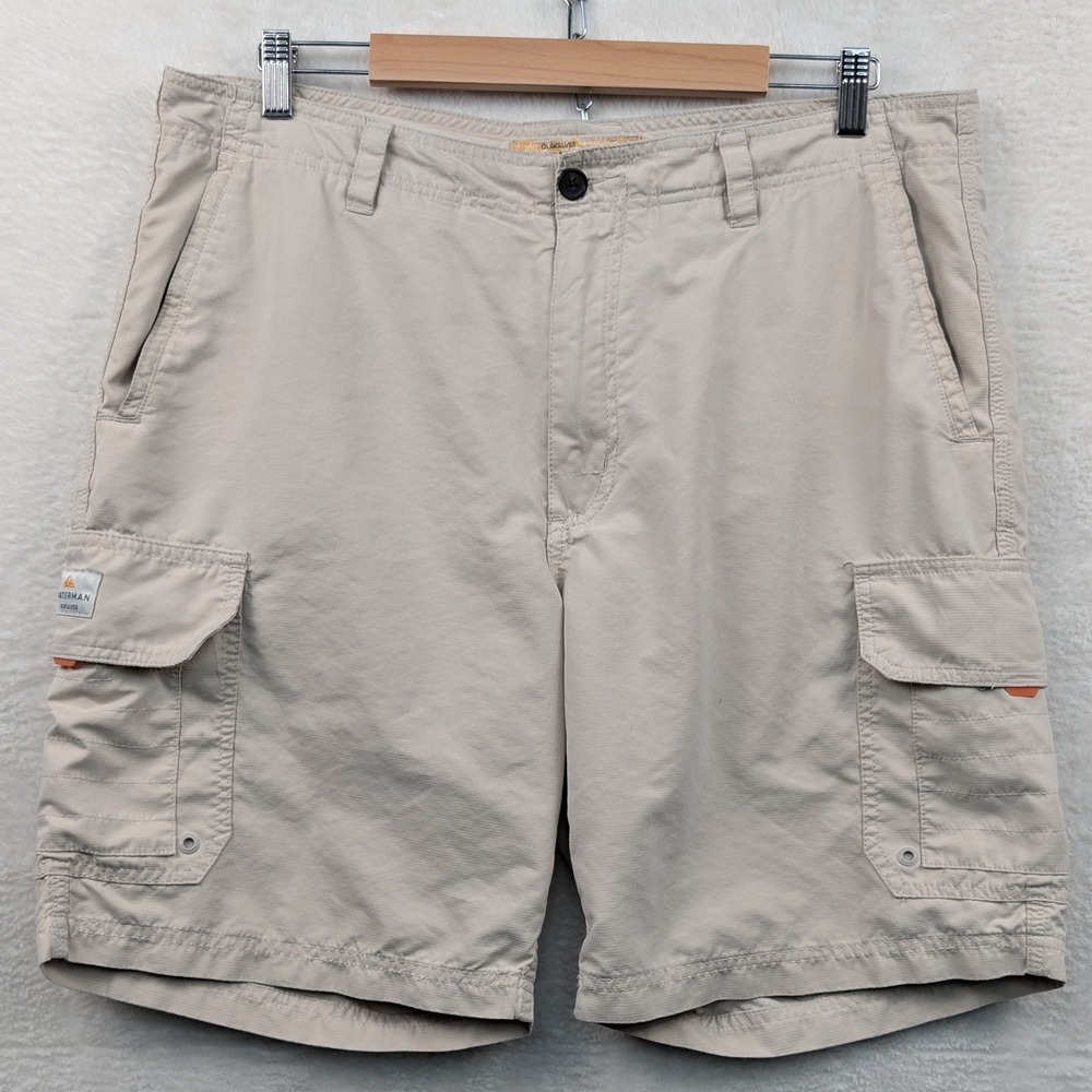 Quiksilver Waterman Cargo Shorts Men's 38 Tan 9" Relaxed Outdoor Hiking Utility